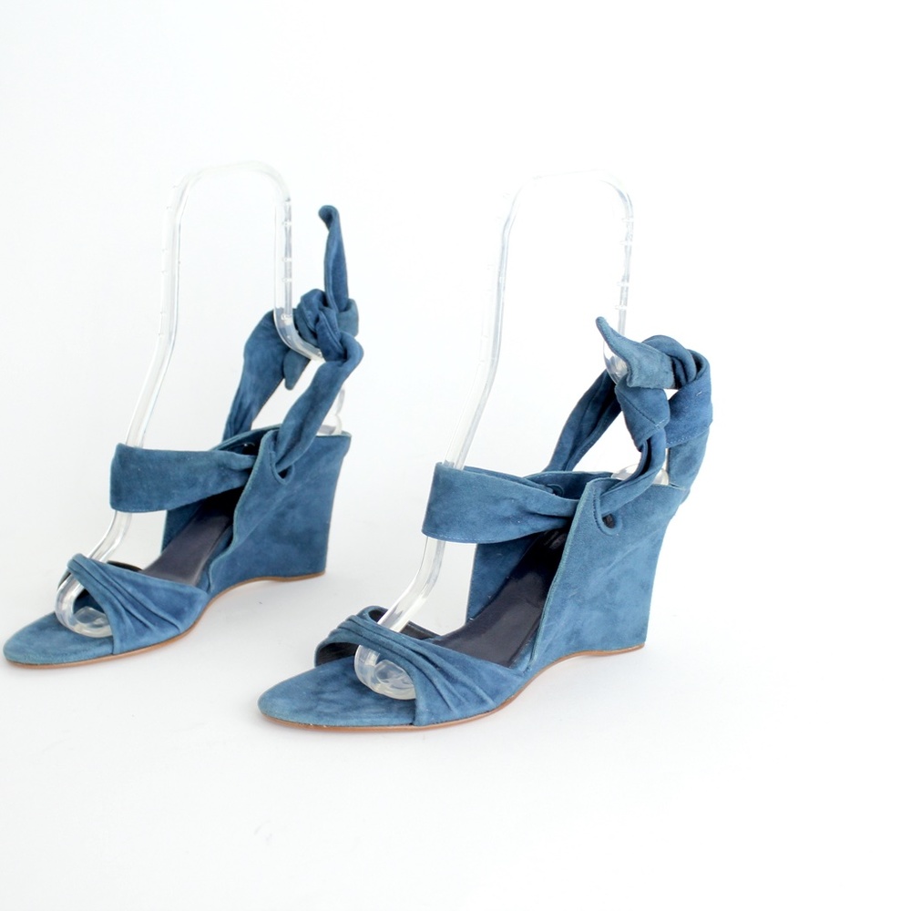 New Tashkent by Cheyenne Teal Nubuck Leather Wedge Open Toe Shoes Sandals Italy